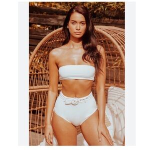 NWT Lulu's Shore Thing White Bandeau Bikini Top and High Waisted Belted …